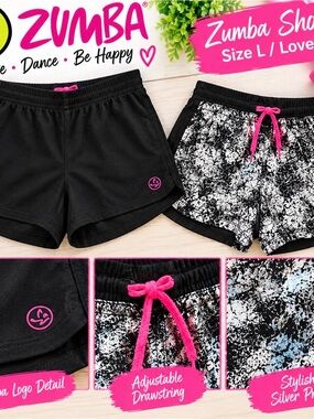 Zumba Fitness Black & Silver Speckled Athletic Shorts with Pink Drawstring